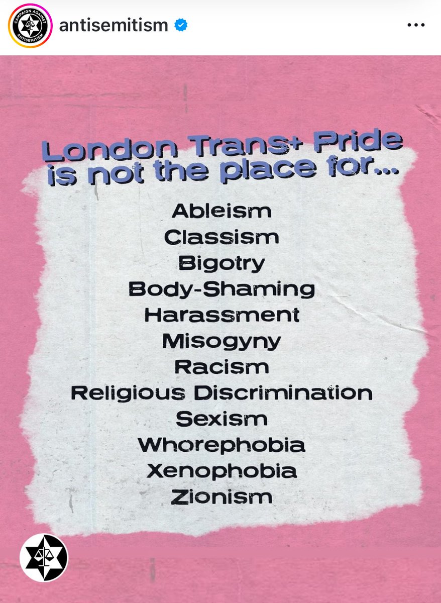 The omnicause in action. 
Here we have London Trans+ Pride comparing Zionism (the idea that Jews should have a country) to bigotry, racism and misogyny.