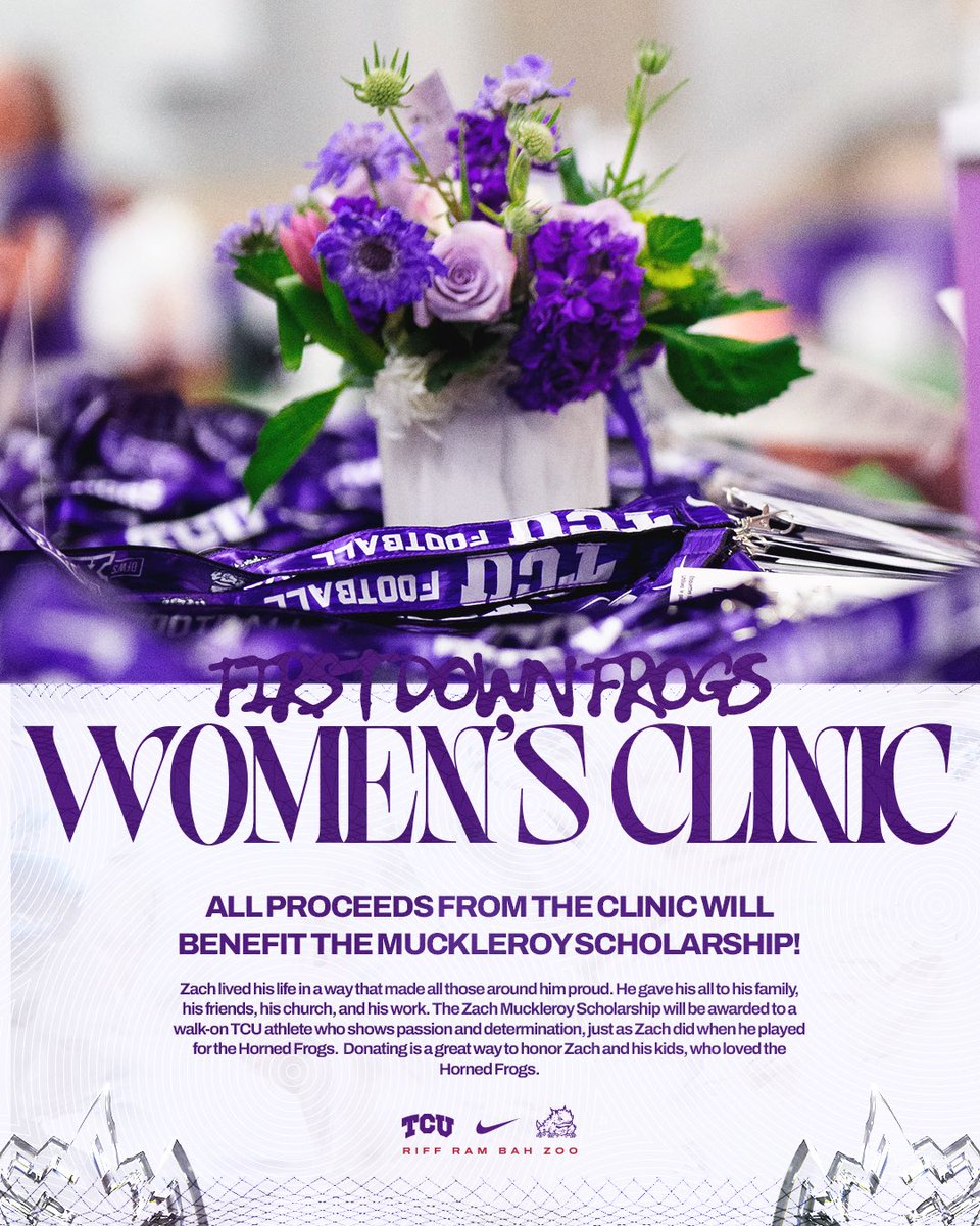 TCUFootball's tweet image. ๐ Come Talk, Tackle, Sip, Shop, and support our TCU family at this yearโs First Down Frogs Womenโs Clinic!
๐๏ธ Friday, August 8
๐ฐ๏ธ 5:00 PM Check-in
๐ฃ All proceeds from the clinic will benefit the Muckleroy Scholarship.
๐๏ธ sonnydykesfootballcamps.totalcamps.com/shop/product/5โฆ