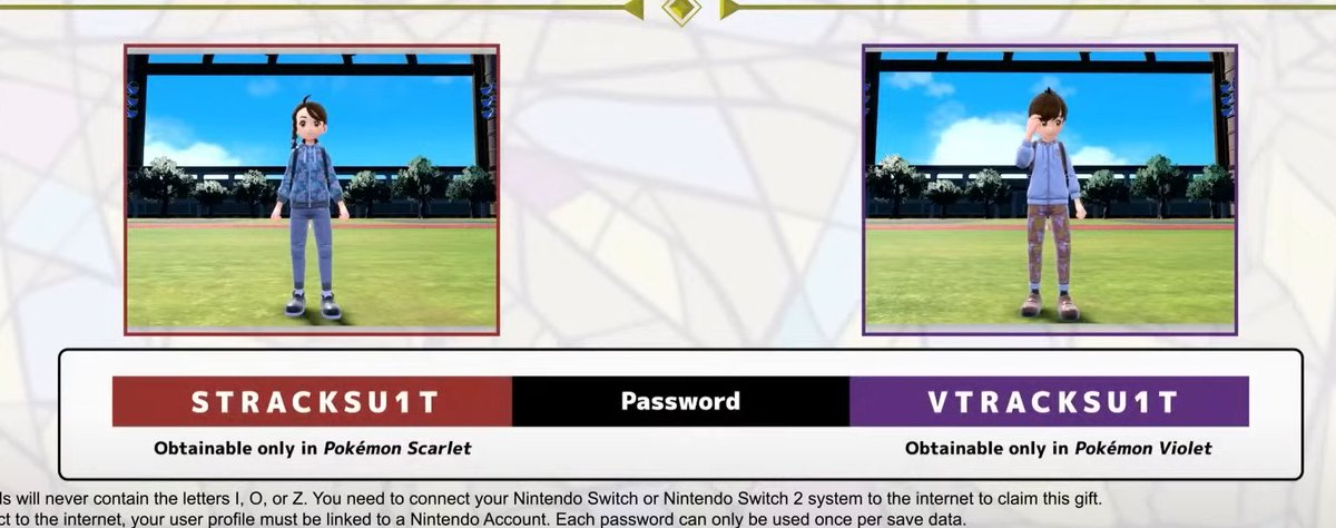 Nintendeal's tweet image. FREE Pokémon Scarlet & Pokémon Violet mystery gift!
✨ Pokémon Scarlet & Violet Tracksuit
To redeem this gift:
🎁 Open X Menu and select Poké Portal
🎁 Select Mystery Gift
🎁 Select Get with Code/Password
Enter code
🟥 Pokémon Scarlet: STRACKSU1T
🟪 Pokémon Violet: VTRACKSU1T