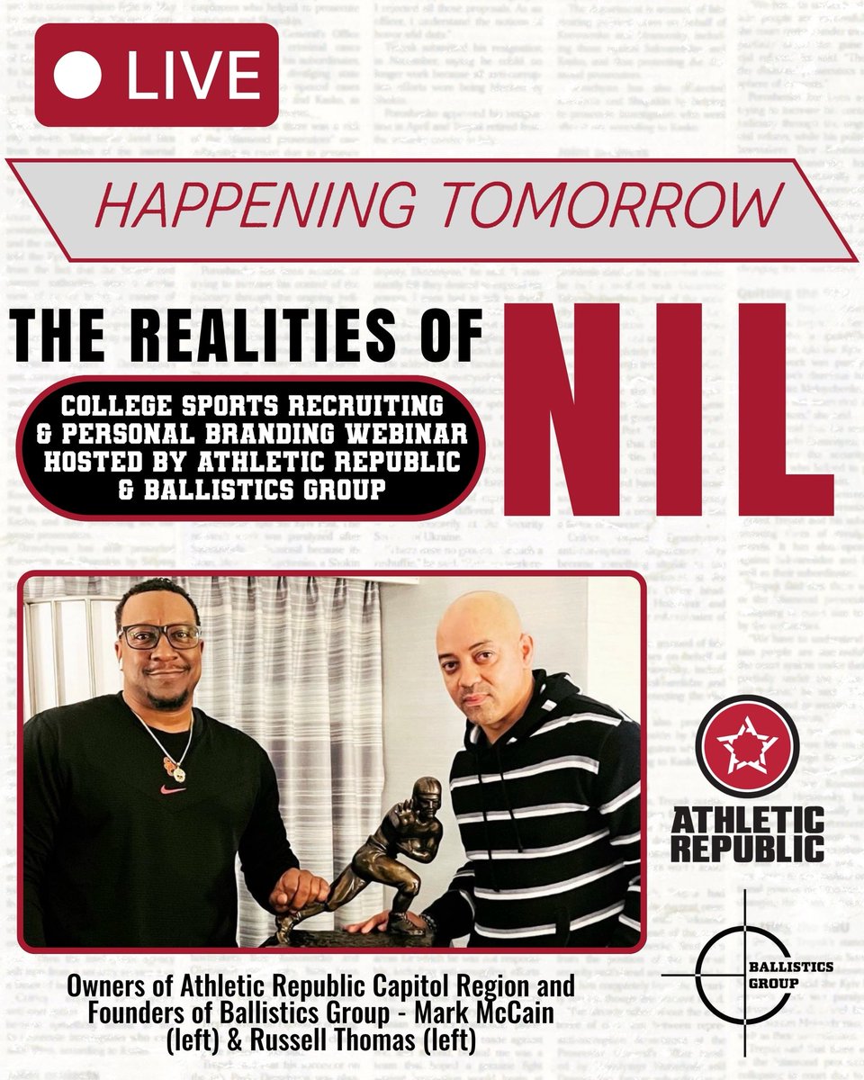 🚨 Tomorrow’s the day! 🚨

Join our free NIL webinar:
“The Realities of NIL: College Recruiting &amp; Personal Branding”

📅 Wed, July 23 | ⏰ 7PM ET | 📍 Zoom

Hosted by Athletic Republic + Ballistics Group.

🎓 Great for athletes, parents &amp; coaches.

🔗 Register here: