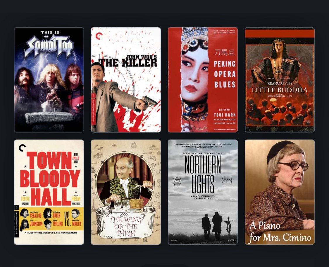 LifeIsAFilmFest's tweet image. Older films released on digital VOD today:
This Is Spinal Tap
The Killer - John Woo
Peking Opera Blues - Tsui Hark
Little Buddha - Bernardo Bertolucci
Town Bloody Hall
The Wing or the Thigh? -Louis de Funès
Northern Lights
A Piano for Mrs. Cimino - Bette Davis, Christopher Guest