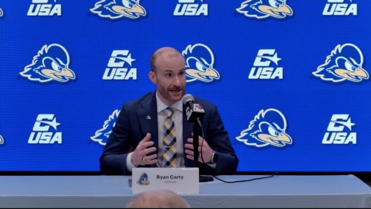 SSN_BlueHens's tweet image. Delaware Head Coach Ryan Carty (@ryancarty10) addresses the local media before joining the @ConferenceUSA Football Kickoff. Carty, RB Jo Silver (@josilver01), and LB Dillon Trainer scheduled to speak from 11:05-11:20 on ESPN+ show