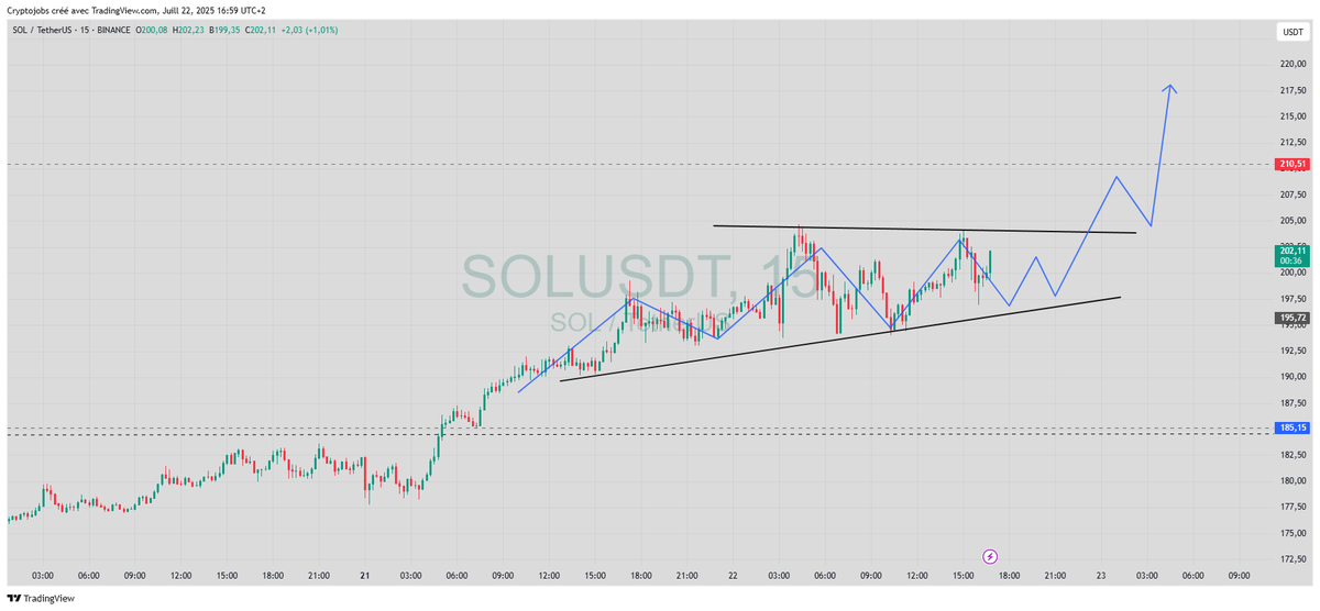 $SOL  - Bullish structure under key resistance 📈

Zooming on my daily view, upper key levels are at:
$210 - $221 -  $230, then &amp; 258$ - 262$

Adoption &amp; FOMO is coming👋👋👋🚀

Pull back possible around 230$⚠️ 

Lower key level to be maintained: 180$. 

#SOL #trading #crypto