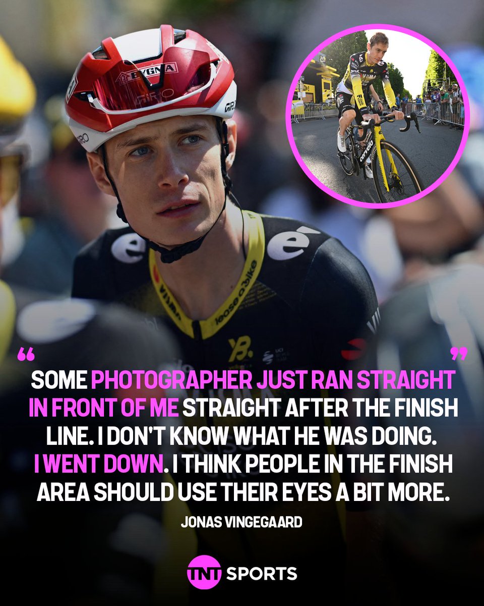 cyclingontnt's tweet image. Jonas Vingegaard crashed after the finish line after colliding with a photographer π₯πΈ