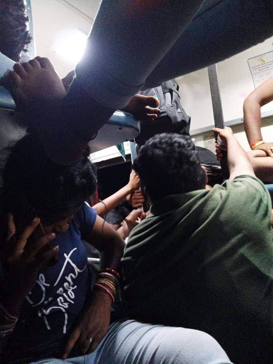 sunilchode's tweet image. I am Rajasekhar a reserved passenger traveling on Train No. 15228 (MFP-Yesvantpur Express) in Sleeper Class with PNR 6254793660.

The compartment is extremely overcrowded with unreserved passengers occupying all available space, including the floor and reserved berths.
