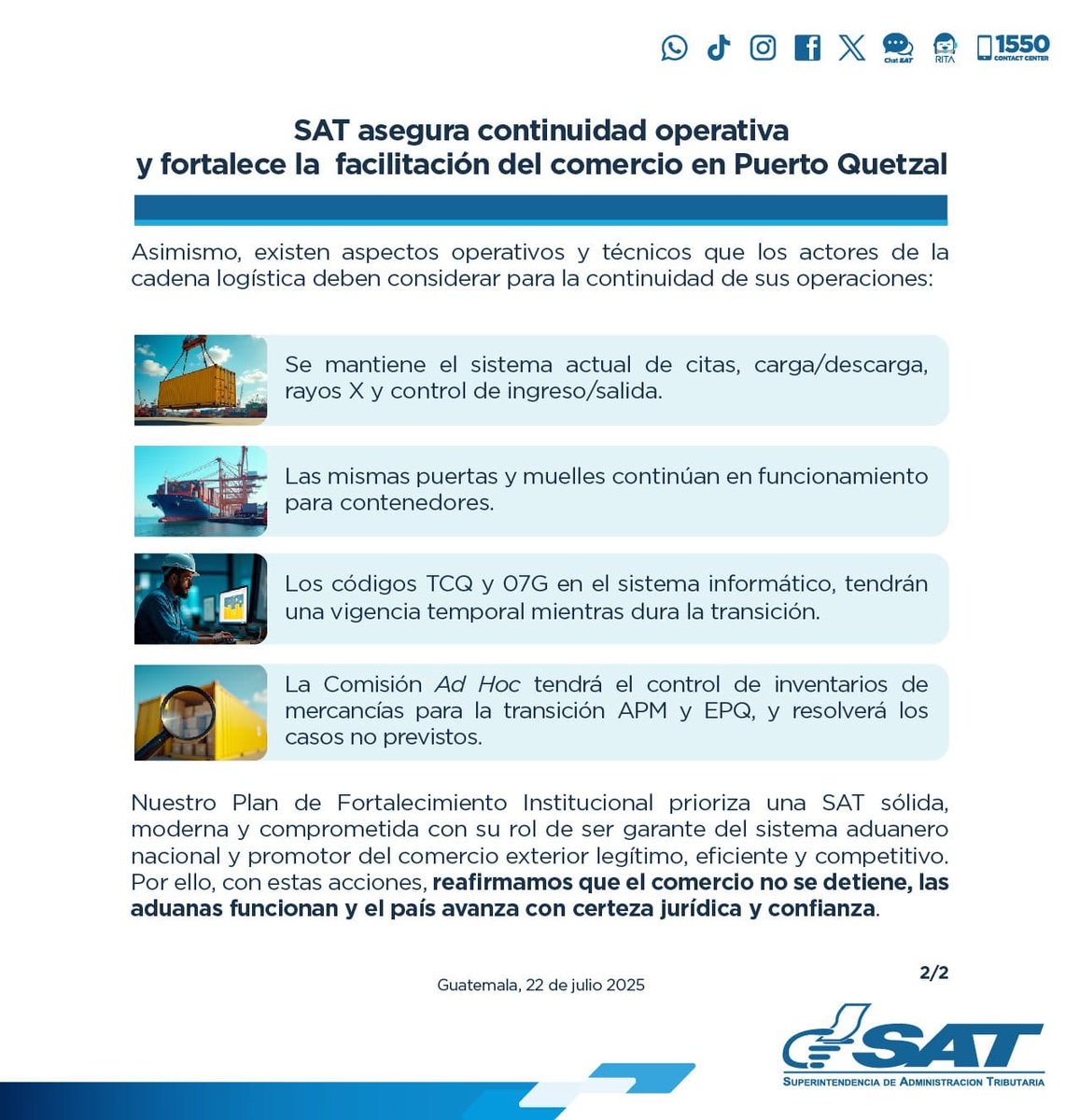 📢 ¡El comercio no se detiene!

La SAT garantiza la continuidad operativa y fortalece la facilitación del comercio en Puerto Quetzal, asegurando la estabilidad logística del país y respaldando a los operadores del comercio exterior.
Con acciones estratégicas, lineamientos claros
