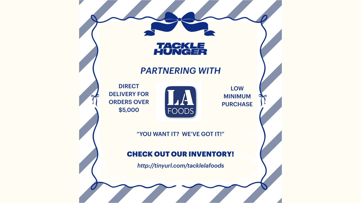 Tackle Hunger's Food Purchasing Program powered by LA Foods! We offer access to food deliveries at competitive prices. Our program is currently available in certain areas of Utah and Nevada; we will be expanding soon!

Learn more at: tinyurl.com/TackleLAFoods