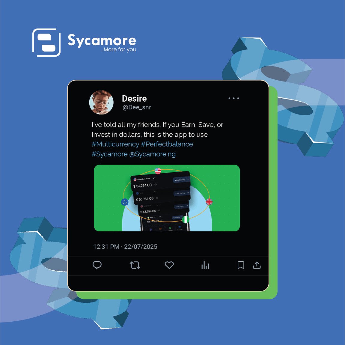 SycamoreNG's tweet image. Live like Desire💚
One wallet, Four currencies.
Try it today.
#multicurrencywallet #Sycamoreforyou