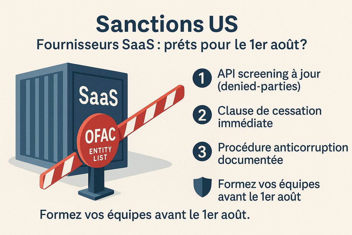 🇺🇸 OFAC étend ses sanctions (Russie/Chine). Fournisseurs SaaS FR :
1️⃣ MàJ screenings « denied-party »
2️⃣ Clause de résiliation immédiate
3️⃣ Procédure anticorruption à jour
Formez vos équipes avant le 1ᵉʳ août.
#OFAC #Sanctions #ExportControl