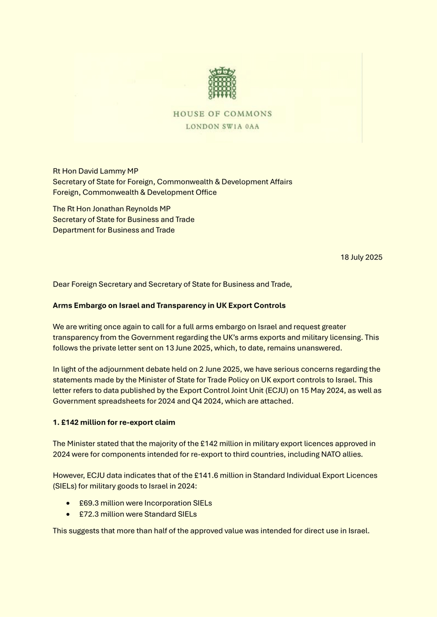 switherdenMP's tweet image. I have written a letter to the Foreign Secretary and Business Secretary, supported by @CAATuk and co-signed by 56 MPs/Lords, calling for an arms embargo on Israel and transparency into export controls. We should not arm a state involved in the indiscriminate killing of civilians.