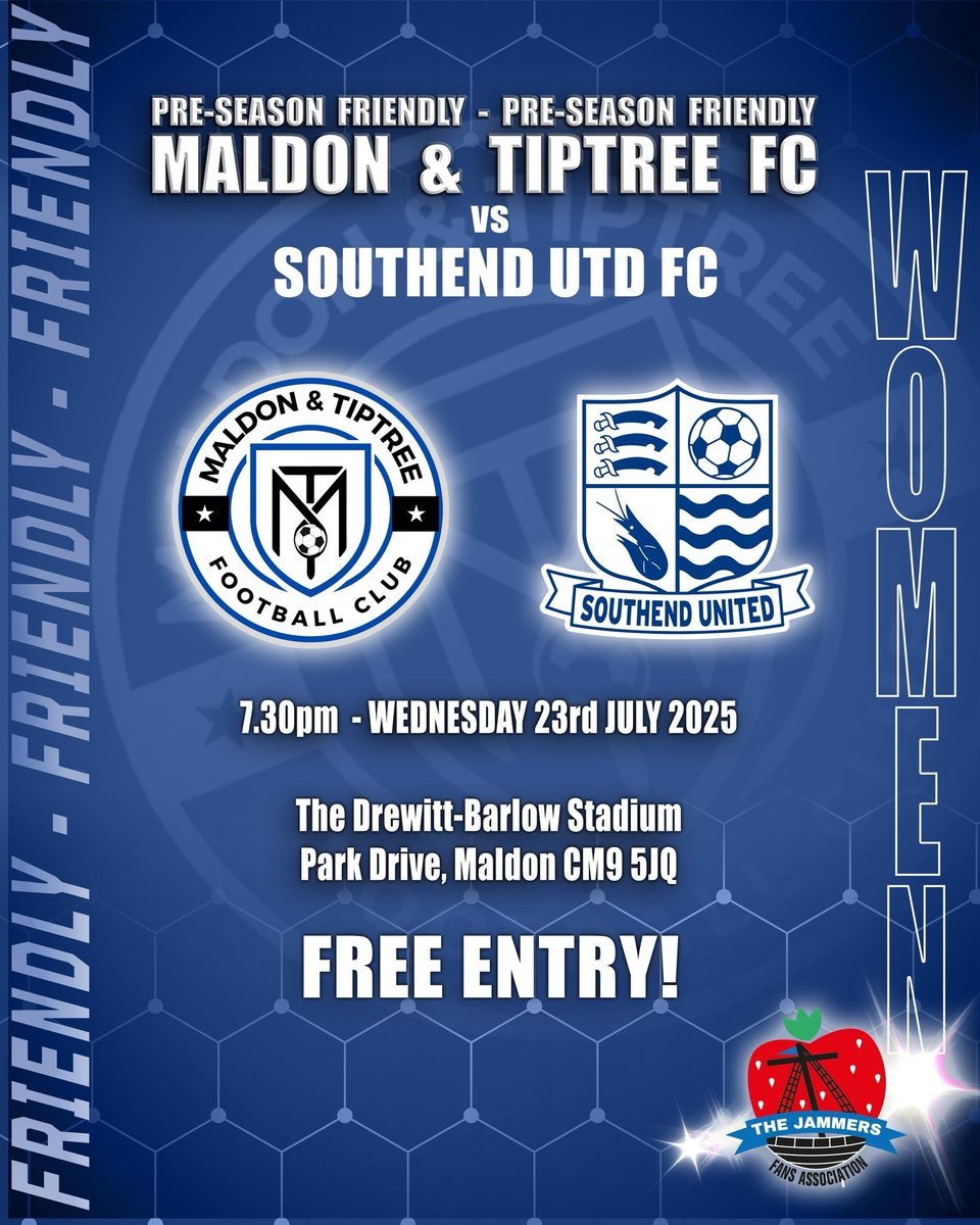 Maldon &amp; Tiptree FC V Southend United FC - free entry at the Drewitt-Barlow Stadium. come along and support if you are free! Women's football at its best! Bring the family. Please share help us get a crowd together for the women's team!   <a href="/MaldonTiptreeFC/">Maldon & Tiptree FC</a> <a href="/officialmtyfc/">Maldon & Tiptree Youth FC</a>