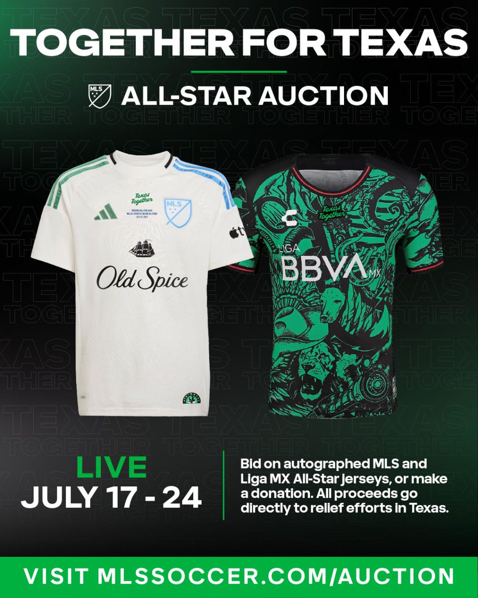 MNUFC's tweet image. Together For Texas ⭐️
Bid on All-Star jerseys signed by Boxy, Dayne, and the rest of the MLS and LIGA MX All-Stars, with all proceeds supporting flood relief.
mlssoccer.com/auction