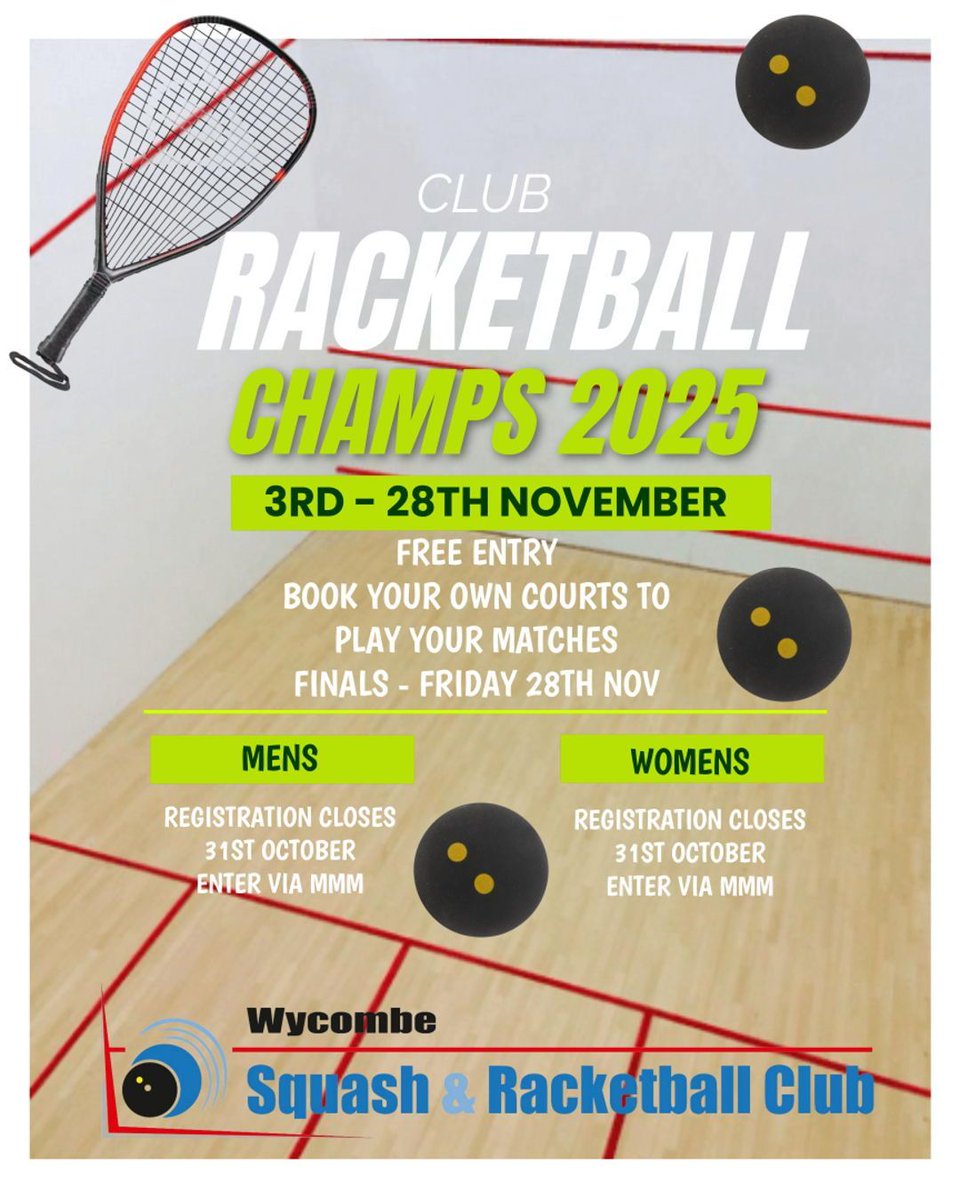 WSRC Club Racketball Champs 2025!   Entry is open now via MMM, closes 31st October!  
Got to be in it to win it! 🥇 🏆 
#racketballcompetition #getoncourt #UKracketball