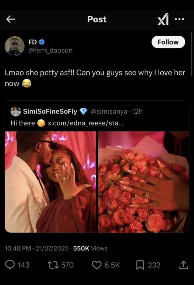 name_isnot_null's tweet image. A lady on X shot her shot at Femi, but it ended in tears😭😭😭😭😂😂😂😂