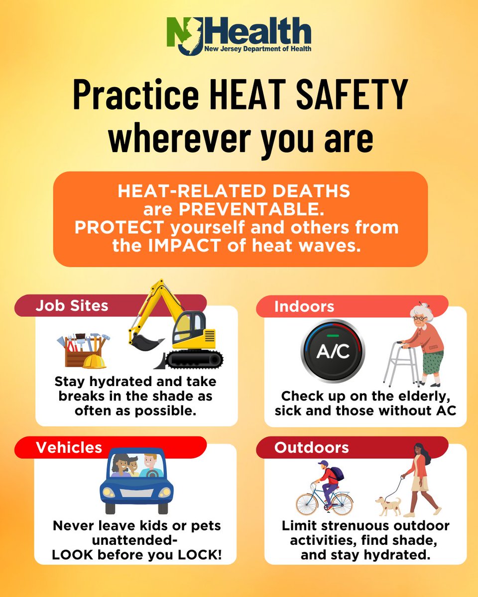 Heat is usually the leading cause of weather-related deaths each year. Learn how to stay safe during a heat wave at weather.gov/heat #HealthierNJ #KeepYourCool #HeatSafety