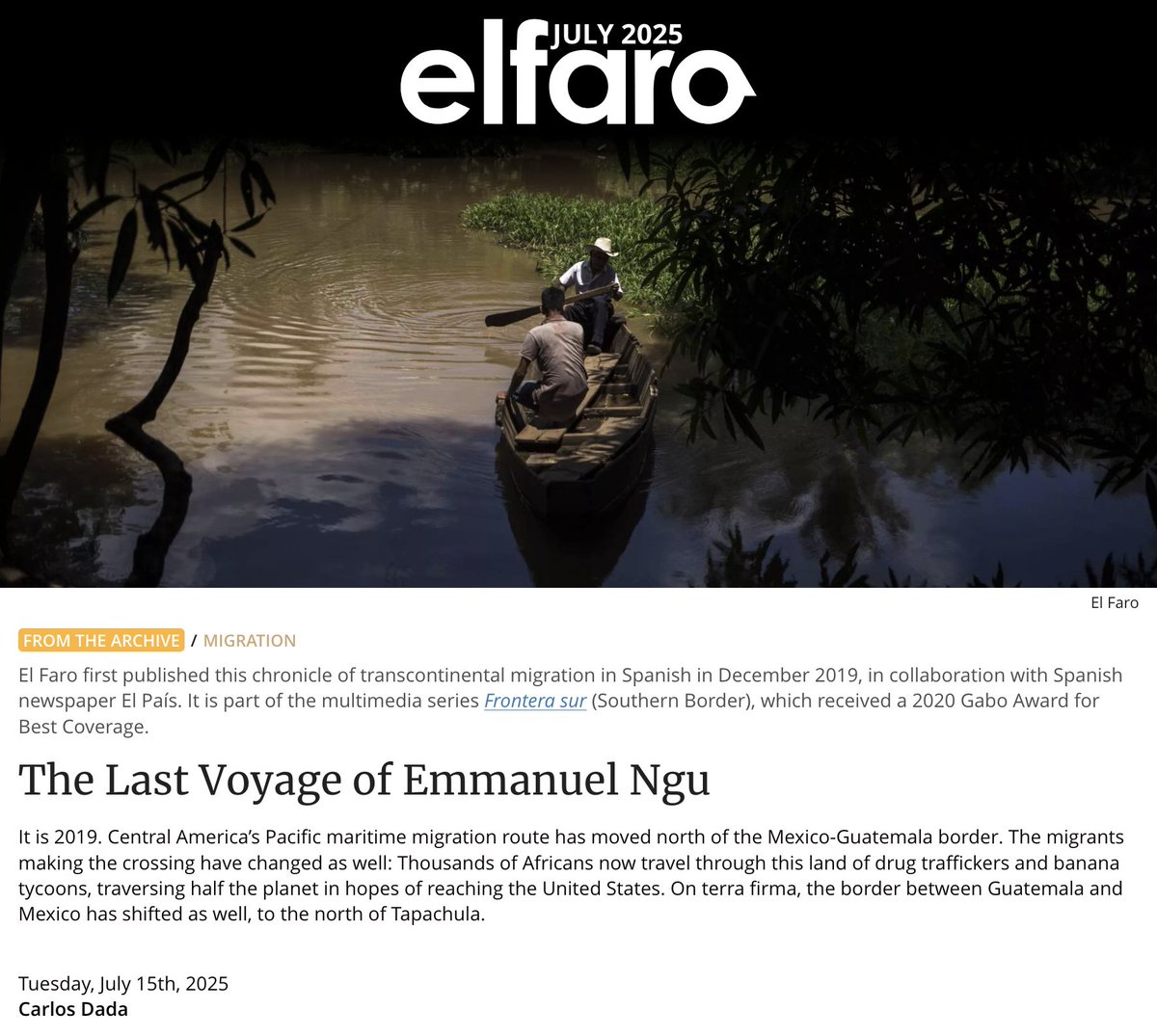 Max Granger (@_maxgranger) on Twitter photo This is a beautiful and moving #longread chronicle by <a href="/CarlosDada/">Carlos Dada</a>, out now in English, in my translation.
Originally published in 2019, but still very much worth a read. I'm so glad <a href="/elfaroenglish/">El Faro English</a> decided to translate it. Read it here, and subscribe: beta.elfaro.net/en/from-the-ar… This is a beautiful and moving #longread chronicle by <a href="/CarlosDada/">Carlos Dada</a>, out now in English, in my translation.
Originally published in 2019, but still very much worth a read. I'm so glad <a href="/elfaroenglish/">El Faro English</a> decided to translate it. Read it here, and subscribe: beta.elfaro.net/en/from-the-ar…
