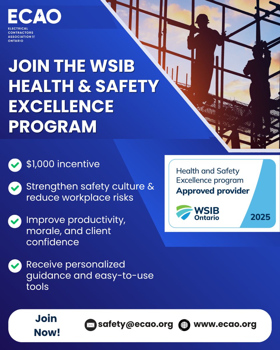 FREE for #ECAOMembers: Build a Safer Workplace &amp; Get Rewarded! 🦺💰

Join the #WSIB Health &amp; Safety Excellence Program through ECAO!

📩 Contact Cristina at safety@ecao.org to get started!

Let’s build safer, stronger workplaces across Ontario — together! 💪