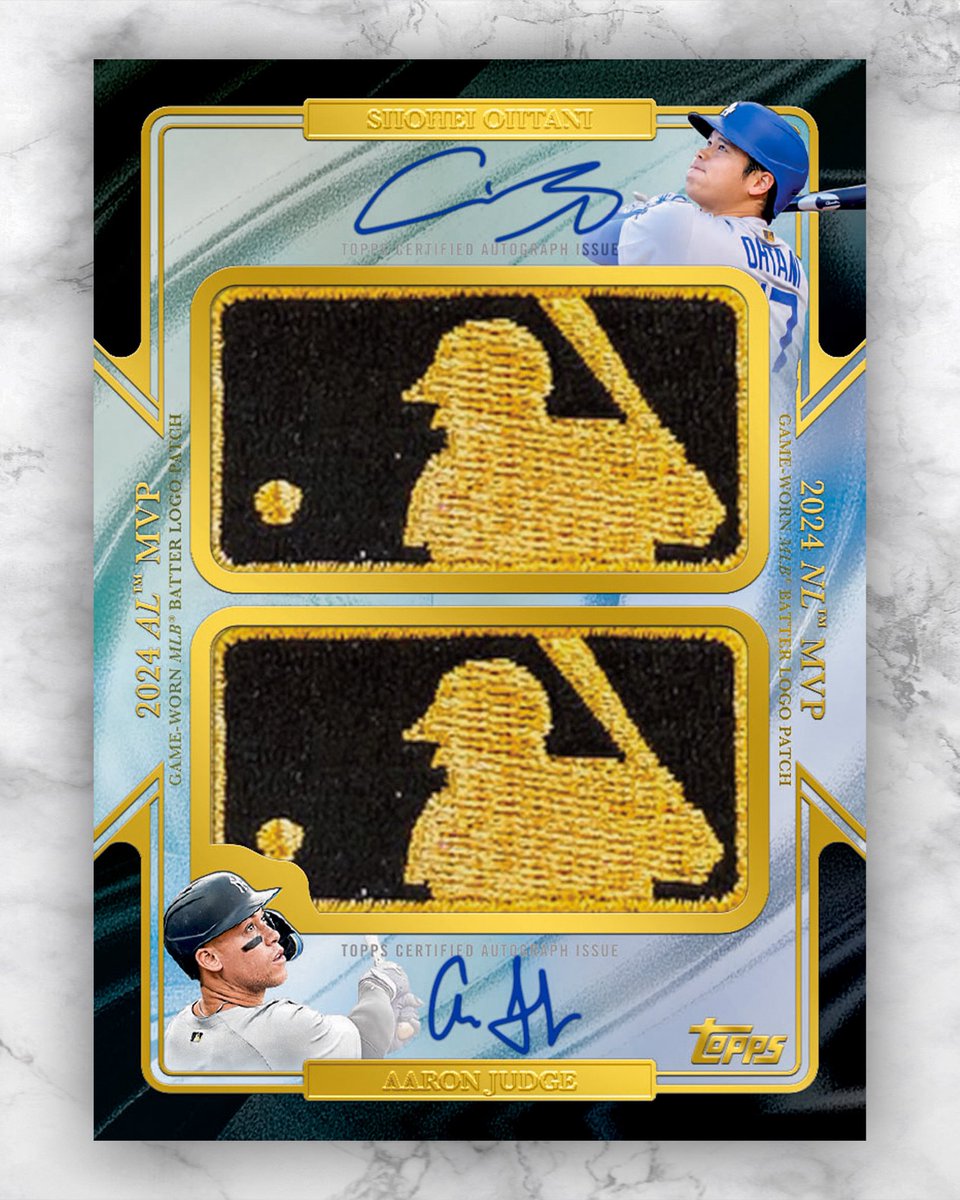 Topps's tweet image. BREAKING: The reigning MVPs will have a 1/1 Dual Gold Logoman Autograph card.
The card is being inserted into one random pack of 2025 Topps Chrome.