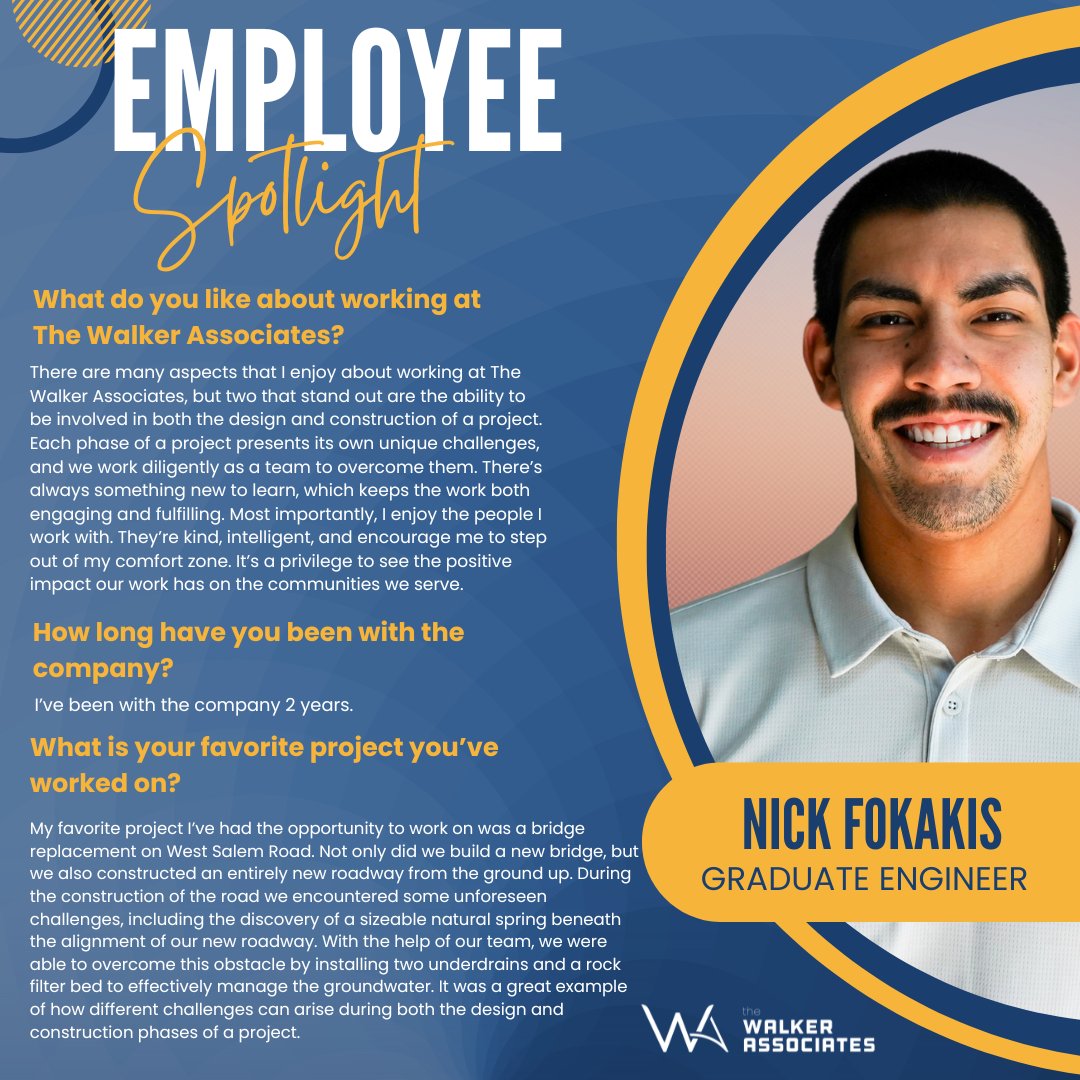 WalkerAssociat4's tweet photo. Meet Nick Fokakis, a Graduate Engineer at The Walker Associates with two years of experience. He excels in design challenges like the West Salem Road bridge replacement and values the positive impact of his supportive colleagues. We are happy to have him a part of the team! https://t.co/26zjWTo5LW