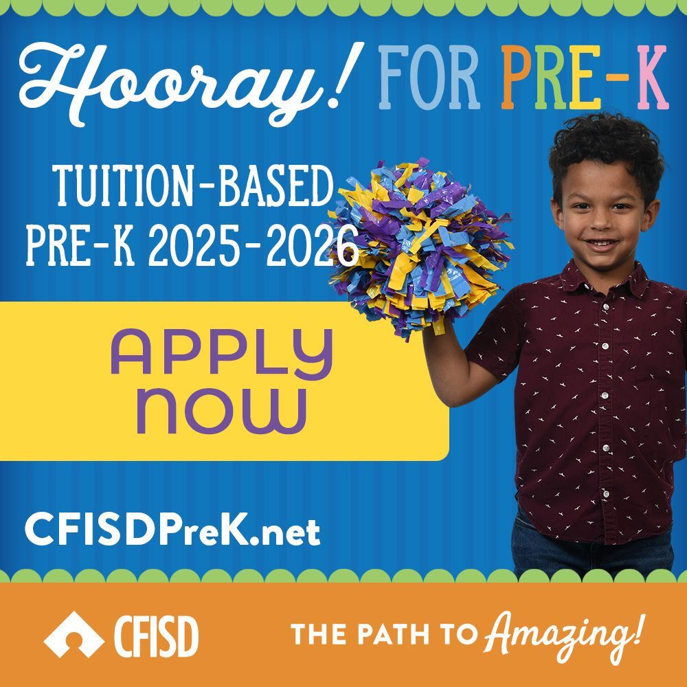 CyFairISD's tweet image. Hooray for Pre-K! Registration for the 2025-26 CFISD Tuition-Based Pre-K Program is now open! Learn more & apply today: buff.ly/7YEJdzn. #HoorayforPreK