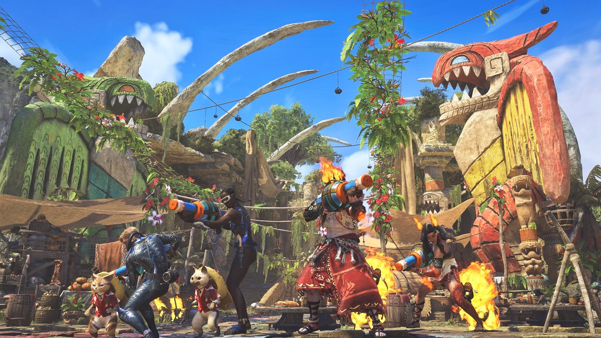 monsterhunter's tweet image. Make it a summer to remember by visiting the Grand Hub during the Festival of Accord: Flamefete! The space has been decorated to celebrate the season, and you can also chow down on a new special meal, and listen to a new song performed by the Diva.
