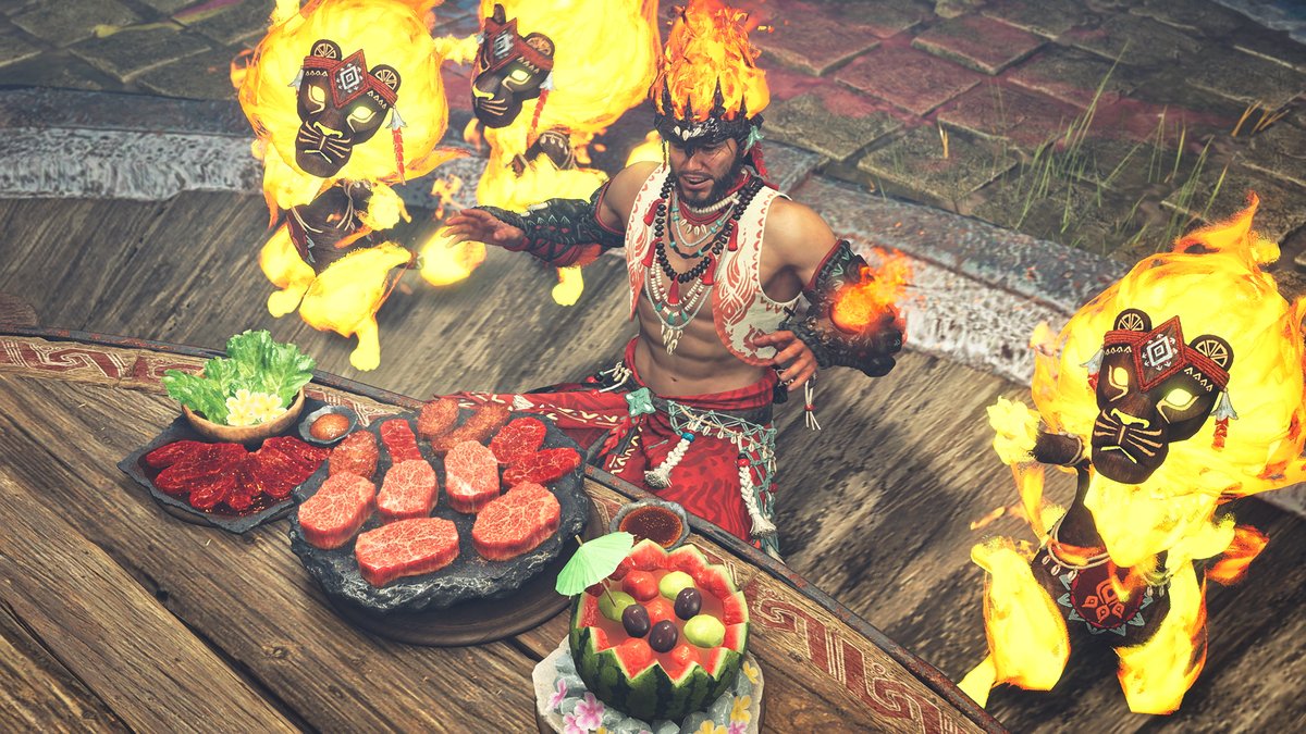 monsterhunter's tweet image. Make it a summer to remember by visiting the Grand Hub during the Festival of Accord: Flamefete! The space has been decorated to celebrate the season, and you can also chow down on a new special meal, and listen to a new song performed by the Diva.