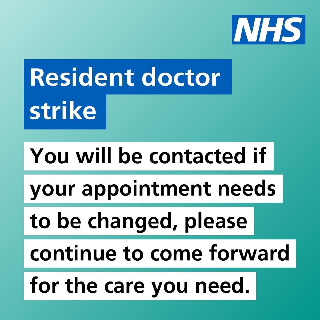 ESNEFT's tweet image. We’re preparing for strike action by resident doctors from 7am on Friday 25 July until 7am on Wednesday 30 July.
Please attend your appointment as planned, unless we contact you to say otherwise.