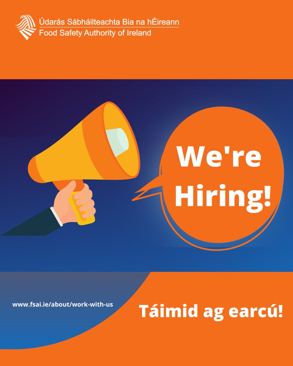 FSAIinfo's tweet image. 📢 We have vacancies for Senior Technical Executive, Food Imports &amp;amp; Exports (Fixed Term) and Senior Technical Executive, Project Management (Fixed Term).

✍ Tá folúntais phoist againn don Feidhmeannaigh Theicniúla Shinsearacha.

👉 ow.ly/C2r450Wtm88

#JobFairy #síognabpost