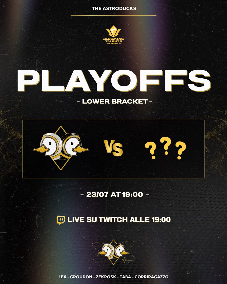 PLAYOFF DAY 🦆🚀

BTL2025 – SUMMER SPLIT – LOWER BRACKET

La settimana dei Playoff è finalmente iniziata!
Le papere scenderanno in campo mercoledì 23/07, ma per conoscere il nostro avversario dovremo aspettare stasera. Stay tuned 💥

#AMONGTHESTARS ⭐️