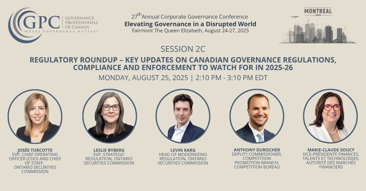OSC_News's tweet image. On August 25, the OSC&apos;s Leslie Byberg, EVP, Strategic Regulation and Levin Karg, Head of Modernizing Regulation, Thought Leadership, will be participating on a panel on regulatory developments shaping corporate governance in Canada, moderated by the OSC&apos;s Josée Turcotte, EVP,…