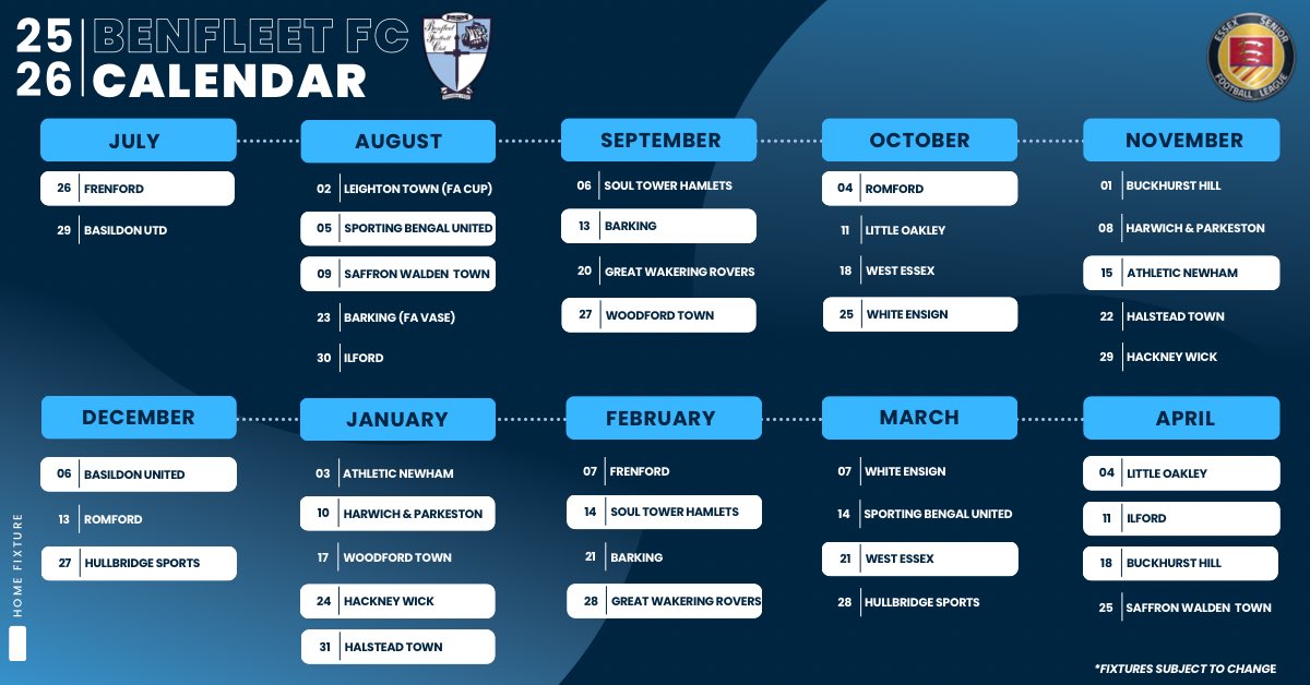 Here is our fixture list for the upcoming season!
<a href="/EssexSenior/">Essex Senior League</a>