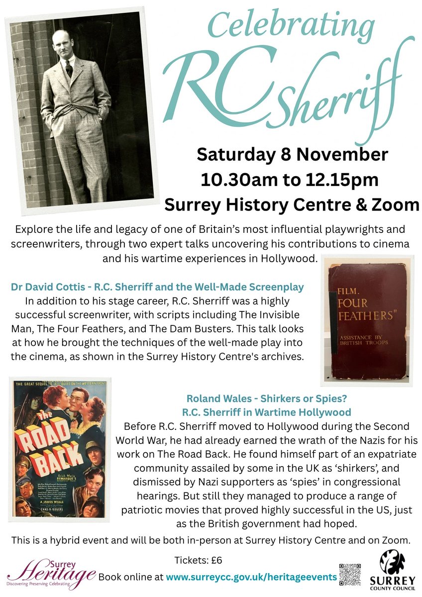 This November marks 50 years since the death of Surrey author R.C. Sherriff. Join us to celebrate the Journey’s End writer and top Hollywood screenwriter.
Tickets £6. In-person at Surrey History Centre &amp; on Zoom. Book now: orlo.uk/B33My