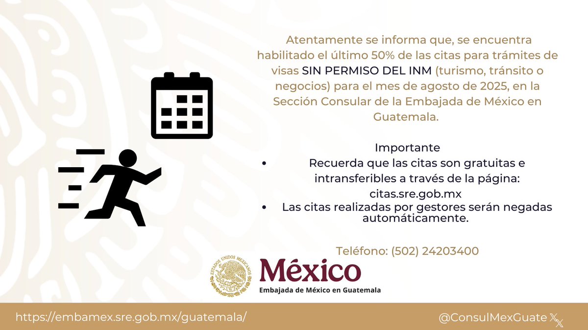 ConsulMexGuate's tweet image. 🔊¡Atención! ¡Atención!  🛑 Con el objetivo de evitar que algunas personas o gestores intenten abarcar todas las citas disponibles, anoche se liberó el último 50%  de las citas para visas SIN PERMISO DEL INM para el mes de agosto 2025. 
👀Visita la página para informarte acerca…