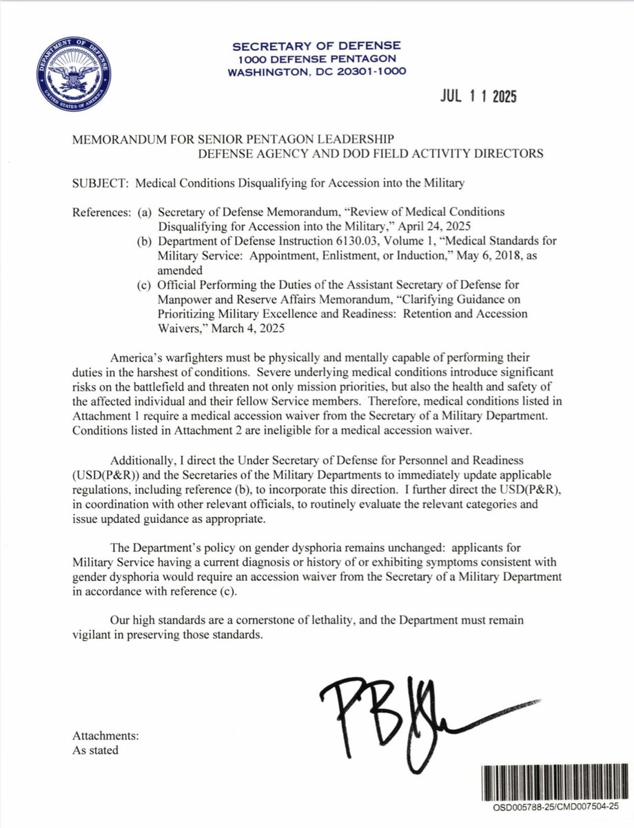 onestpress's tweet image. The Pentagon updated medical standards: some serious conditions may allow a waiver (corneal transplant, pacemakers, and some mental health histories), but others—like cystic fibrosis, recent suicide attempts, or organ transplants—are disqualifying for military service.
Full memo…