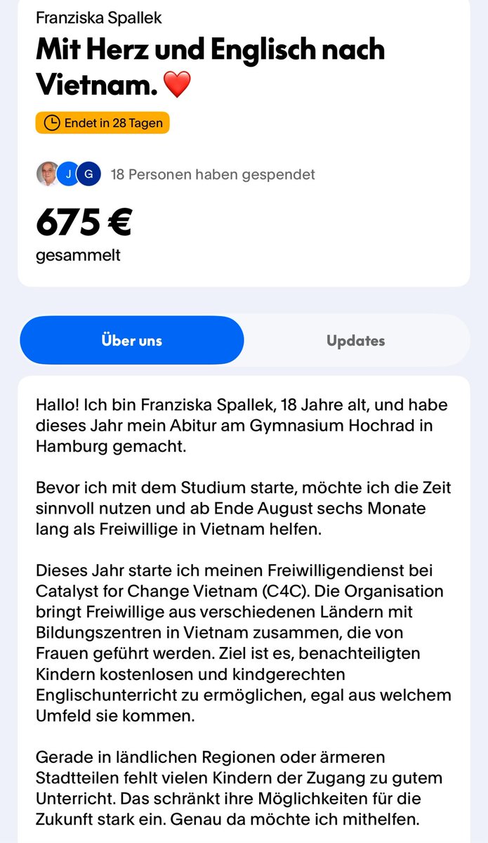 pkWebService's tweet image. Könnt Ihr »Mit Herz und Englisch nach #Vietnam ❤️«
bei PayPal #Fundraisers helfen?
Jede noch so kleine #Spende hilft! paypal.com/pools/c/9gHXwh…
Franziska Spallek, 18 Jahre, geht im Rahmen des Freiwilligendienstes für ein halbes Jahr nach Vietnam.
Dort wird sie helfen,…