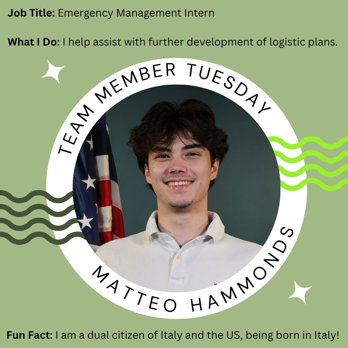FlaglerEOC's tweet image. ๐จ Team Member Tuesday ๐จ
Meet Matteo Hammonds, our Emergency Management Intern!
๐ง What I Do: I assist with the development of logistics plans to help our community stay prepared.
๐ Fun Fact: Iโm a dual citizen of Italy and the U.S.
We're lucky to have him on the team!