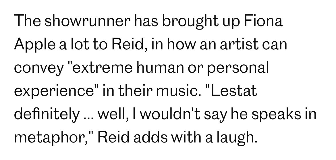 lestatmulher's tweet image. rolin bringing up fiona apple over and over to sam with regards to lestat’s songwriting yeah okay i’m being extremely #normal about this