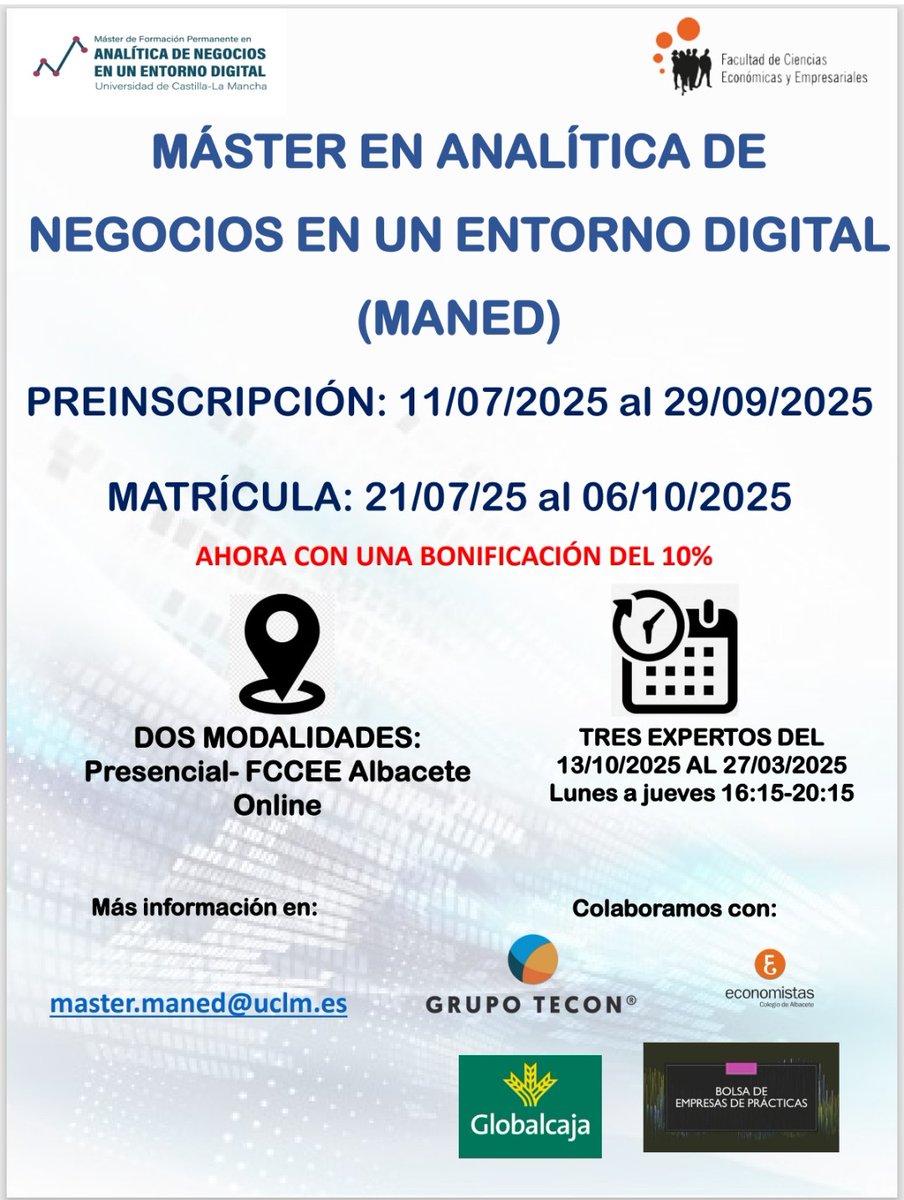 Haz que este sea tu momento 
¿Cómo?👉🏻 Inscribiéndote en el Máster en Analítica de Negocios en un Entorno Digital.
Una especialización en auge que mejorará tu empleabilidad y con 12 ECTS de prácticas en empresas punteras. 
uclm.es/es/estudios/pr…
Consulta en Novedades el folleto