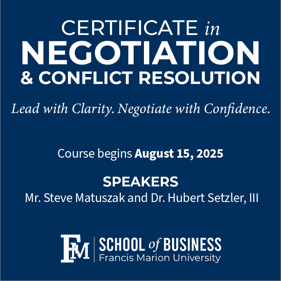 The FMU School of Business is offering a Certificate in Negotiation and Conflict Resolution this fall.  For more information or to enroll, go to ow.ly/qGGz50WtnQJ.