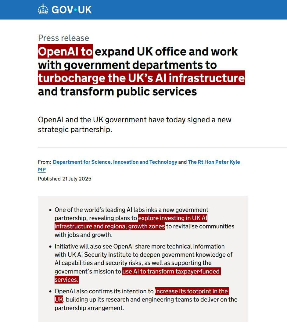 ElOjoEn's tweet image. 🚨⚡️La empresa de IA OpenAI y el gobierno del Reino Unido han firmado una nueva asociación estratégica con el objetivo de "impulsar el desarrollo de la infraestructura de inteligencia artificial en el Reino Unido y transformar los servicios públicos".