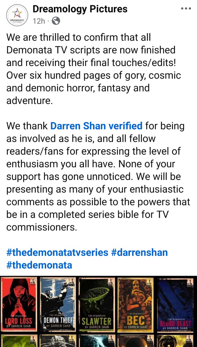 We're thrilled to confirm that all #TheDemonata TV scripts are now finished and receiving their final touches/edits! Over 600 pages of gore, cosmic and demonic horror, fantasy &amp; adventure. (1)
<a href="/darrenshan/">Darren Shan</a> <a href="/StanleyKubr1ck/">ijaz</a> 

#thedemonatatvseries #bestsellingauthor #horror #TVseries