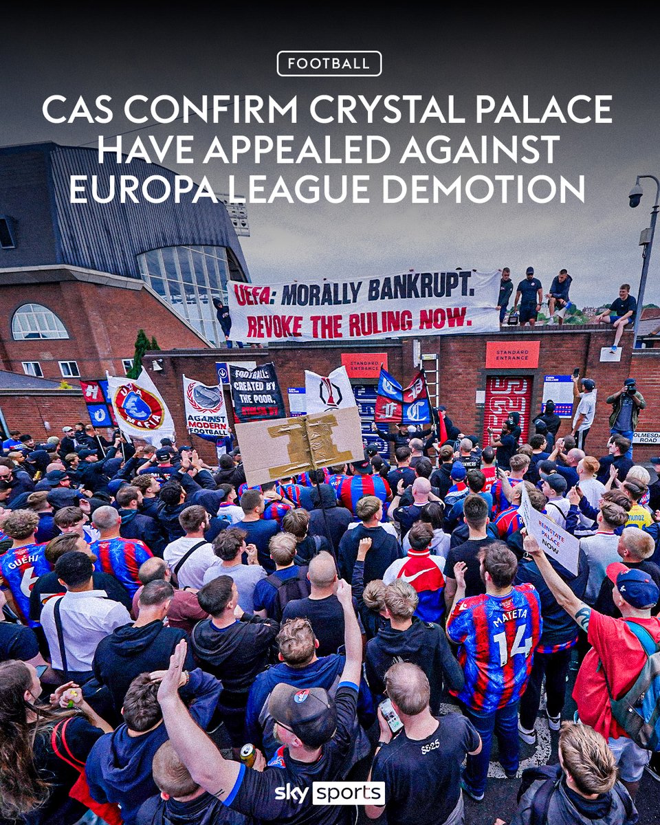 SkySportsPL's tweet image. The Court of Arbitration for Sport has confirmed Crystal Palace have appealed against the decision to demote them from the Europa League. A decision is expected by August 11 2025.