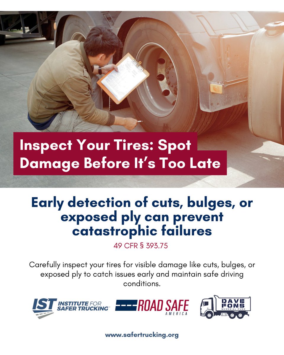 Before  you roll out, walk around your rig and closely examine every tire’s  tread and sidewalls for cuts, bulges, or exposed ply. Catching problems  early not only keeps you on schedule but also keeps you and everyone on  the road safe.

#SaferTrucking #RoadSafety