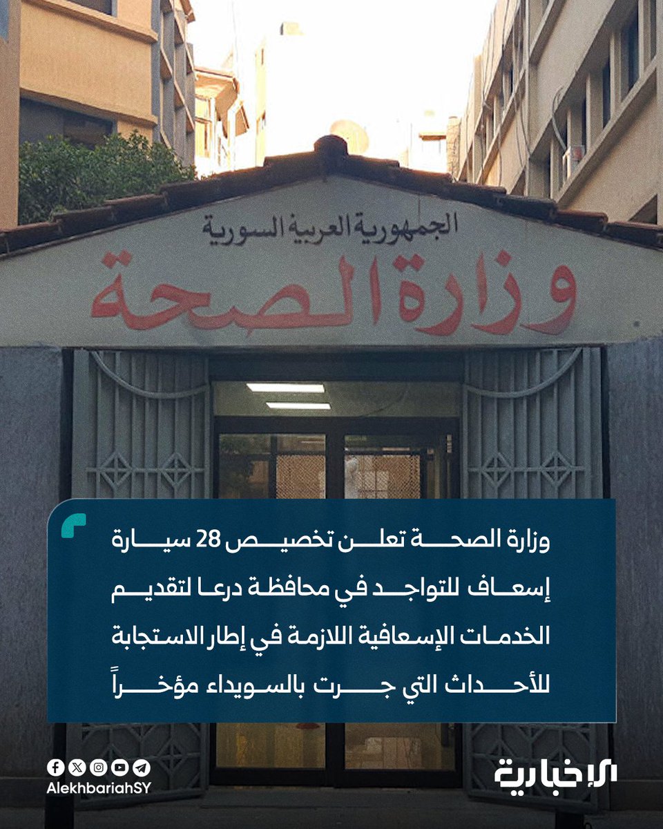 AlekhbariahSY's tweet image. سانا عن مدير الإسعاف والطوارئ في وزارة الصحة نجيب النعسان:
📌 وزارة الصحة خصصت 28 سيارة إسعاف لدرعا لتقديم الخدمات الإسعافية اللازمة في إطار الاستجابة للأحداث التي جرت بالسويداء مؤخراً
📌 المديرية عززت الاستجابة في درعا لتقديم الخدمات الإسعافية ونقل الحالات إلى المشافي من خلال…