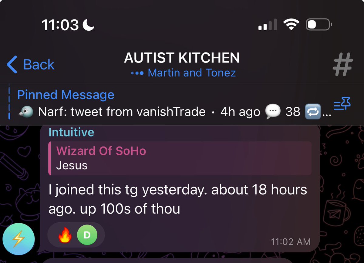 wizardofsoho's tweet image. People joined Weekly Wizdom this week cuz of @EasyEatsBodega to trade perps… lol some entered the autist kitchen which is our memecoin trenches chat…
They are up 100k+ in 24 hours Lfmao