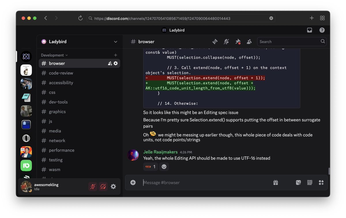 awesomekling's tweet image. Lately I'm using Discord in @ladybirdbrowser more and more, to test it and find things to fix.
It's basically "usable but a little glitchy" now if you don't need audio/video calls. Really cool how far we've come here! 😎