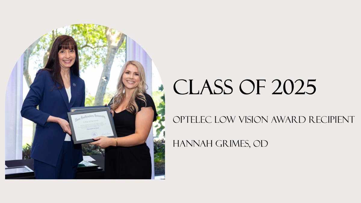 Optelec's tweet image. Congratulations, Dr. Hannah Grimes! Hannah Grimes, OD is a #ClassOf2025 graduate from @NSUFlorida and a recipient of the 2025 Optelec Excellence in Low Vision Award. We wish her much success at Ralph H. Johnson VAMC in Charleston, SC. 

#Optometrist #LowVision