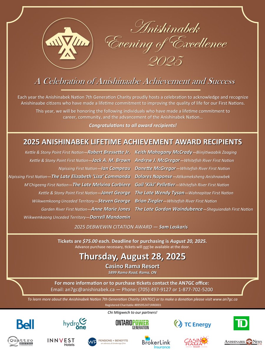 AN7GC's tweet image. We are excited to announce this year’s #Anishinabek #LifetimeAchievementAward recipients!
They will be honoured at our 2025 Anishinabek #EveningofExcellence, taking place at Casino Rama Resort on August 28, 2025.
More info: an7gc.ca/evening-of-exc…