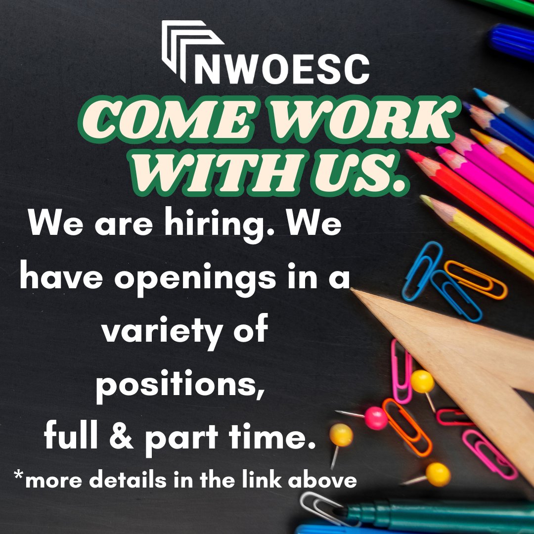 If you're looking for a new career &amp; love the idea of a school schedule, we'd love to talk. We have several opportunities that might be a good fit.
More information can be found here: nwoesc.schoolspring.com
