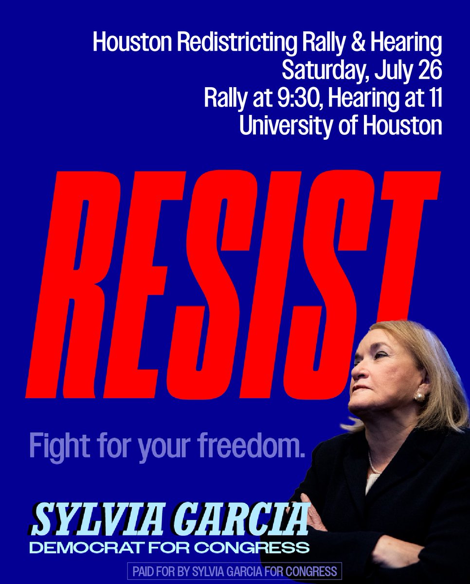 LaCongresista's tweet image. 🚨Houston: Time to RESIST!🚨
Donald Trump and Greg Abbott want to steal your voice — but we won’t let them.
Redistricting Rally & Hearing on Saturday, July 26 at the University of Houston.
📣 Rally starts at 9:30 AM, Hearing at 11 AM.
RSVP now: shorturl.at/prs1a